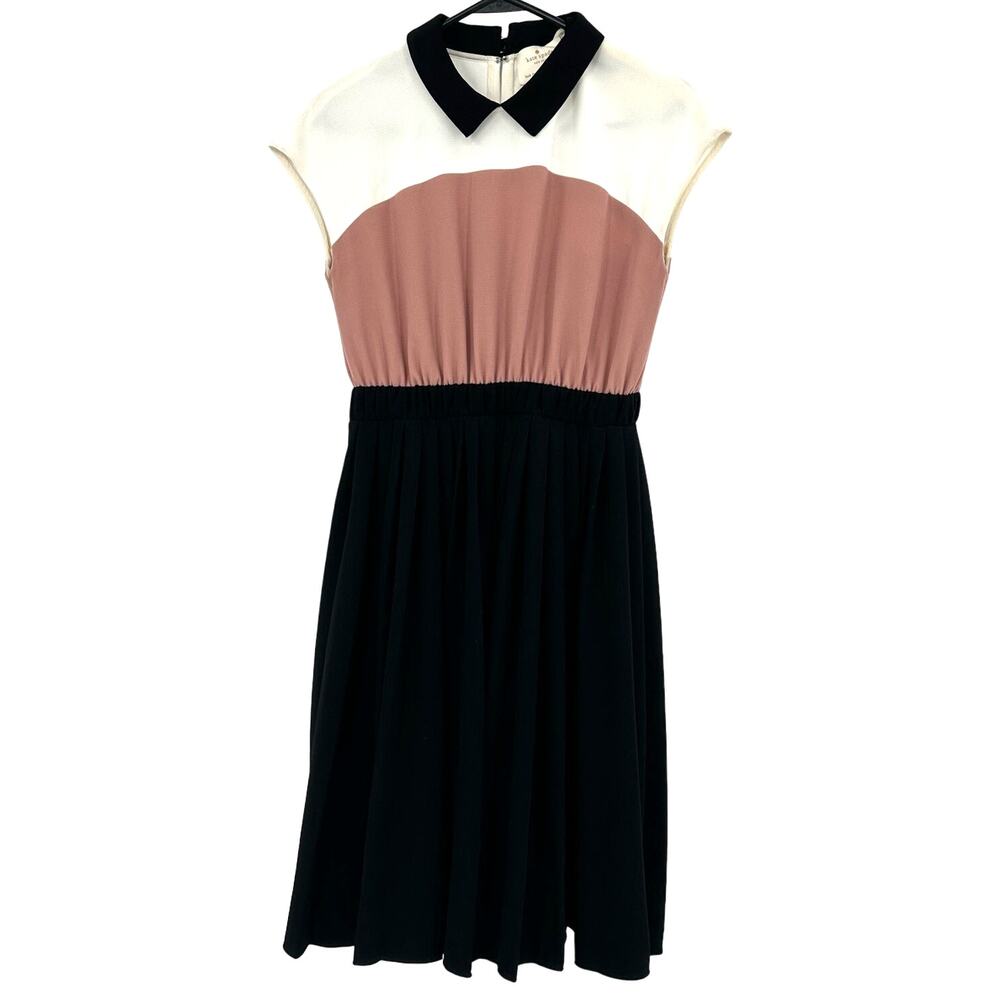 Kate Spade Size 4 Dress Cream Pink Black‎ Cap Sleeve Polo Preppy Fit and Flare
